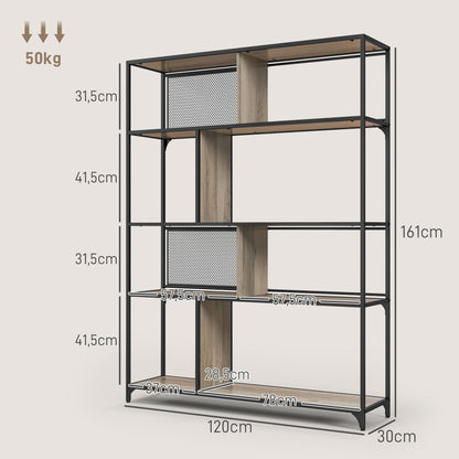 Bookcase storage unit 5-tier sliding mesh door steel frame industrial style for living room bedroom kitchen - 120L x 30W x 161H cm gray and black