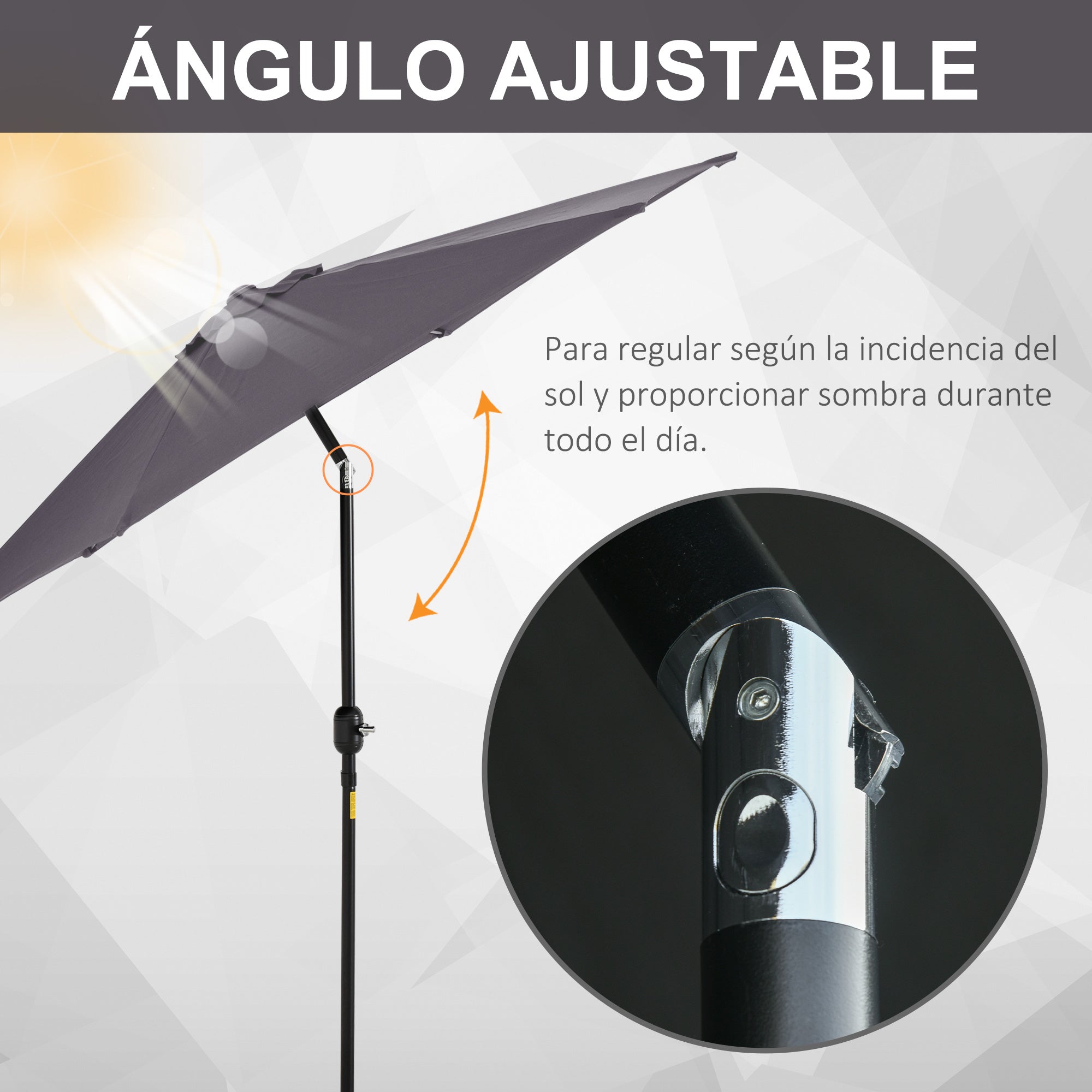 Aluminum Garden Umbrella Ø260x235 cm Reclining Patio Parasol with Crank and 6 Metal Rods for Outdoor Terrace Balcony Gray