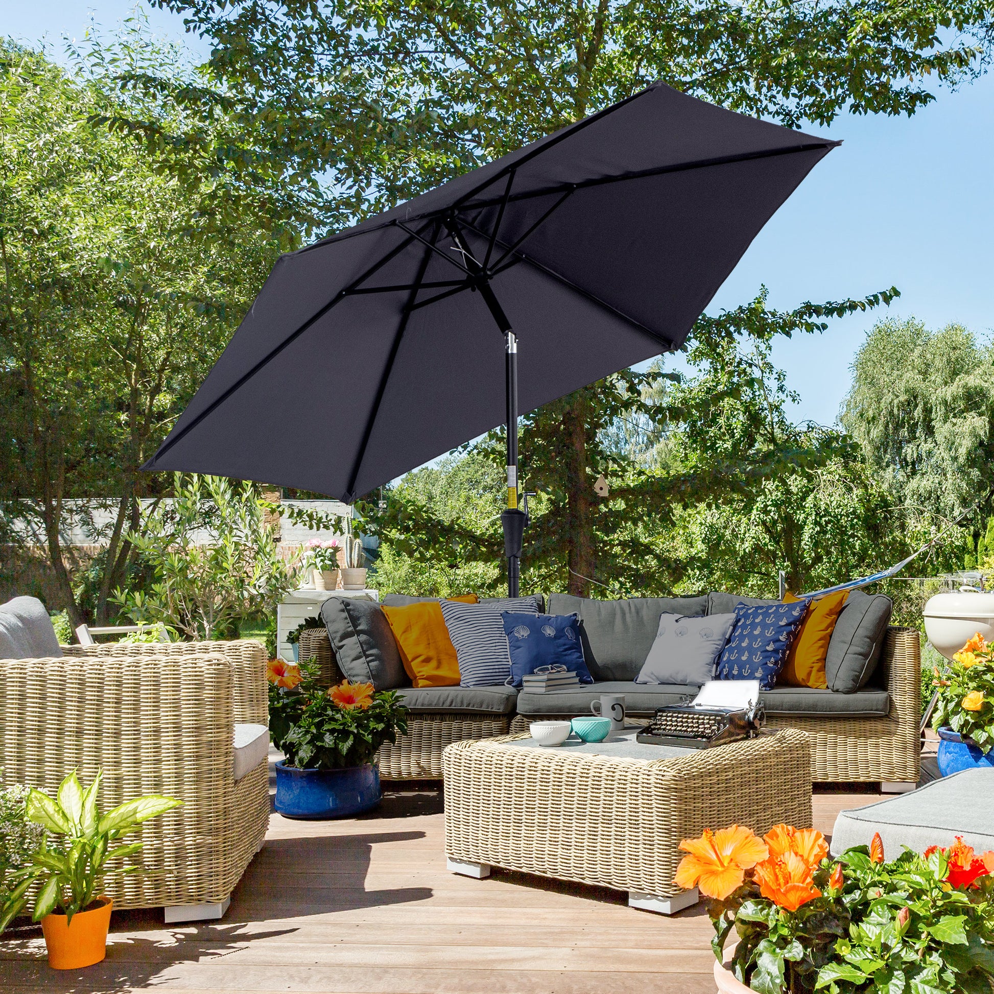 Aluminum Garden Umbrella Ø260x235 cm Reclining Patio Parasol with Crank and 6 Metal Rods for Outdoor Terrace Balcony Gray