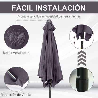 Aluminum Garden Umbrella Ø260x235 cm Reclining Patio Parasol with Crank and 6 Metal Rods for Outdoor Terrace Balcony Gray