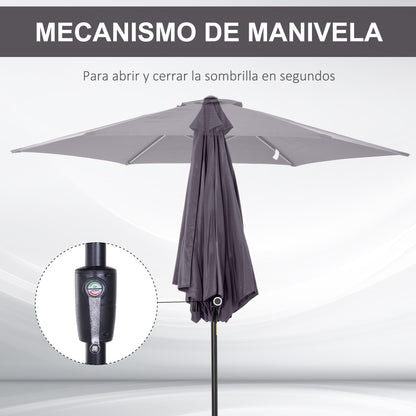 Aluminum Garden Umbrella Ø260x235 cm Reclining Patio Parasol with Crank and 6 Metal Rods for Outdoor Terrace Balcony Gray