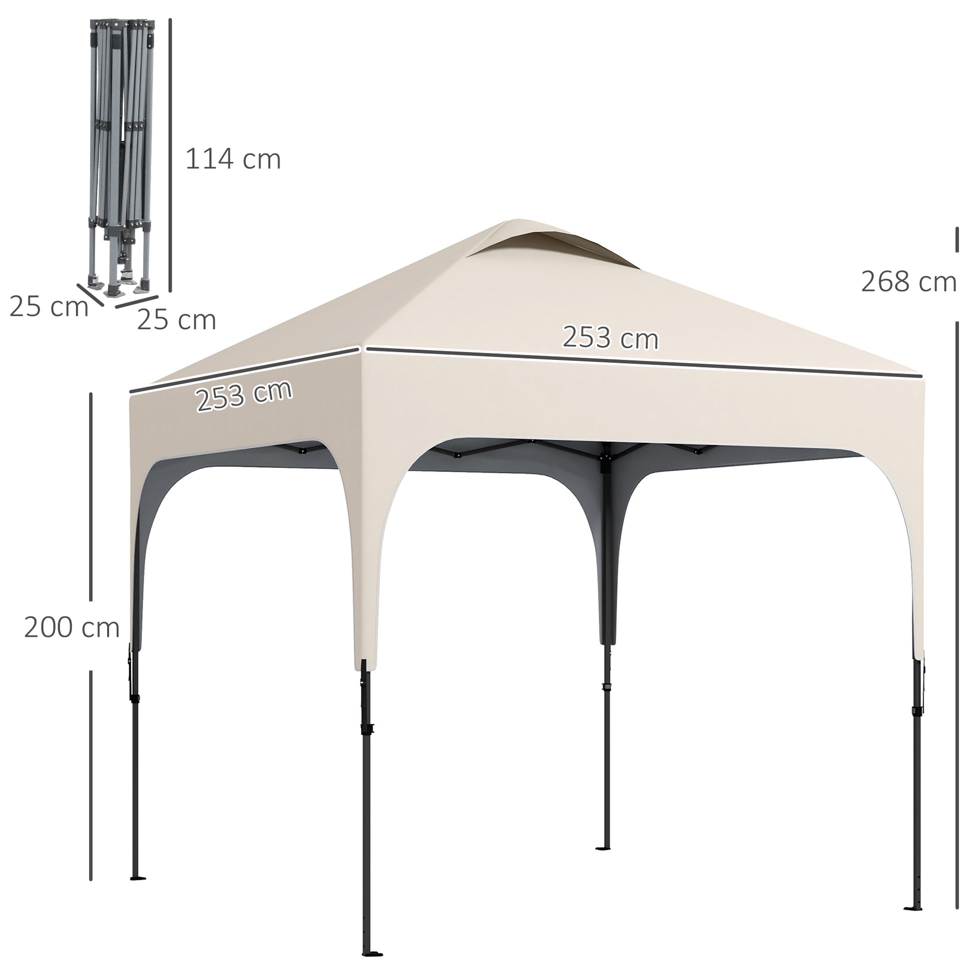 Garden Gazebo 2.5 x 2.5m Folding Pop-up Canopy Adjustable Height 4 Levels UV50+ Oxford Fabric Steel Frame Carry Bag Included Beige