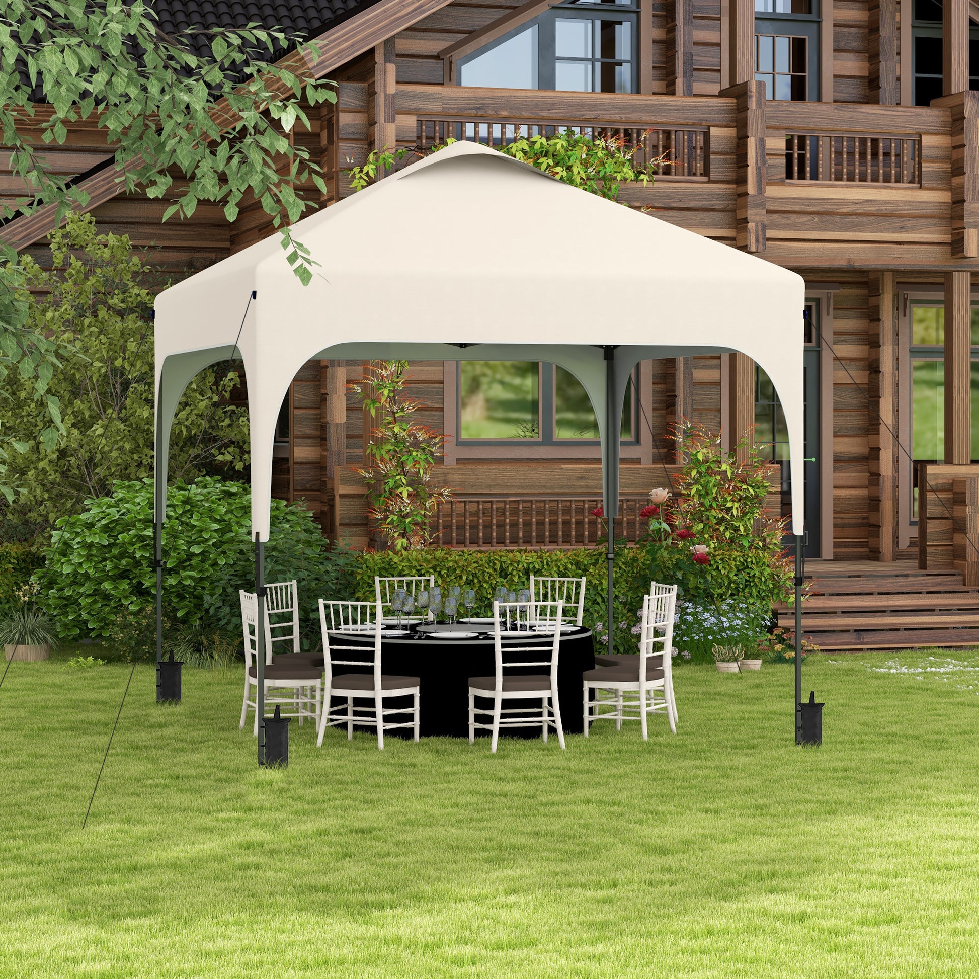 Garden Gazebo 2.5 x 2.5m Folding Pop-up Canopy Adjustable Height 4 Levels UV50+ Oxford Fabric Steel Frame Carry Bag Included Beige