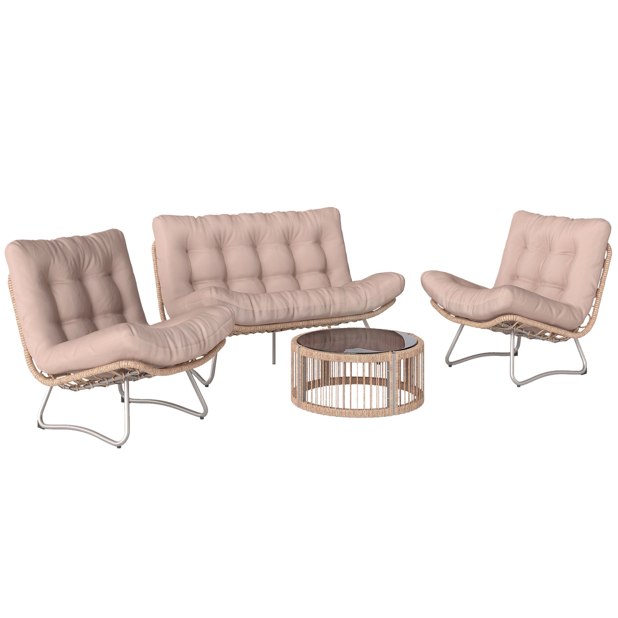 4-Piece Garden Furniture Set – PE Rattan Lounge with 2-Seater Sofa, 2 Chairs, Glass Table, Deep Seats & Thick Cushions, Modular Balcony/Patio Set for 4, Brown