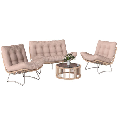 4-Piece Garden Furniture Set – PE Rattan Lounge with 2-Seater Sofa, 2 Chairs, Glass Table, Deep Seats & Thick Cushions, Modular Balcony/Patio Set for 4, Brown