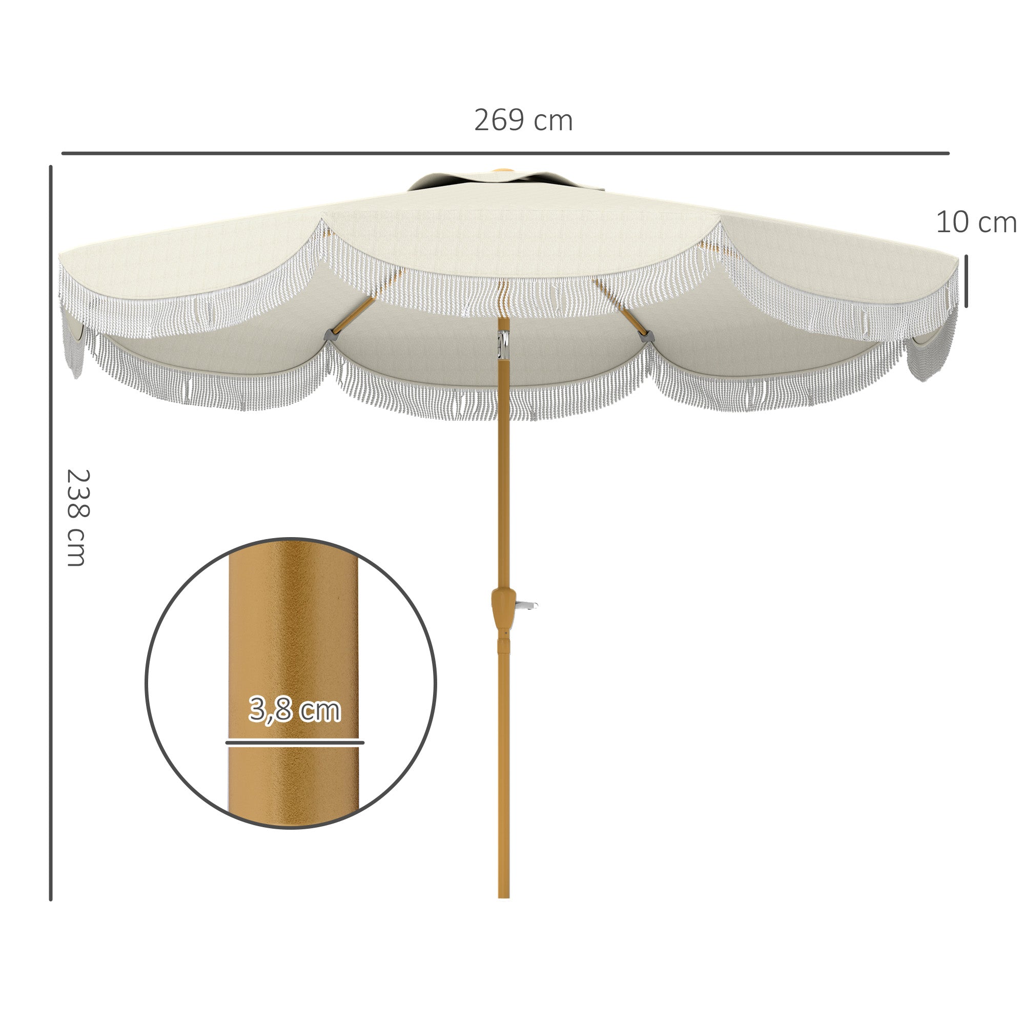 Patio Umbrella Ø269 cm Garden Umbrella with Adjustable Angle and Crank UV30+ Protection Parasol for Patio Terrace Beige