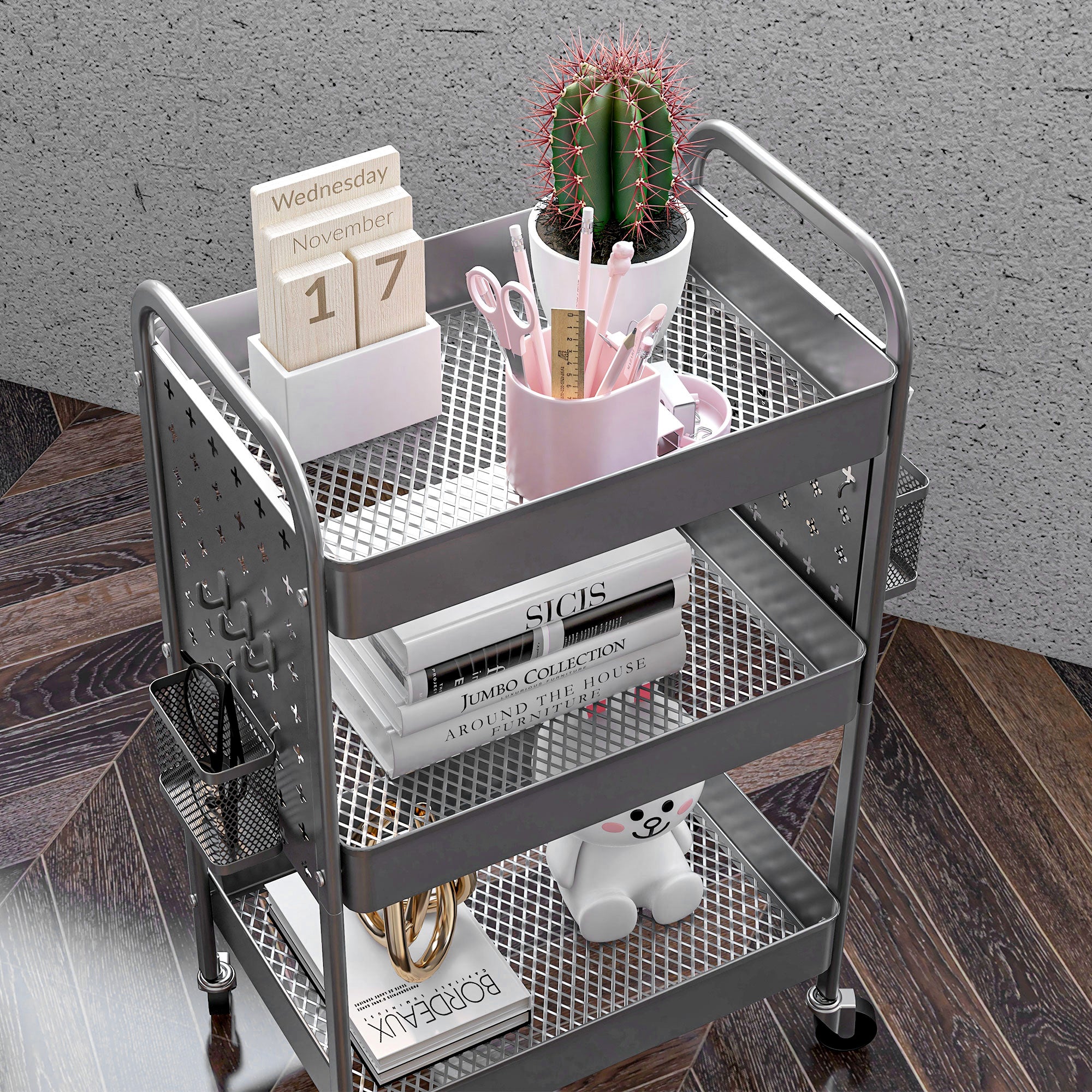 Rolling Cart, Serving Cart with 3 Tiers, 2 Hanging Baskets, Storage Cart with Handle, Kitchen Cart, Utility Cart for Kitchen, Living Room, Steel, Dark Grey
