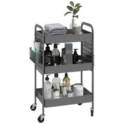 Rolling Cart, Serving Cart with 3 Tiers, 2 Hanging Baskets, Storage Cart with Handle, Kitchen Cart, Utility Cart for Kitchen, Living Room, Steel, Dark Grey
