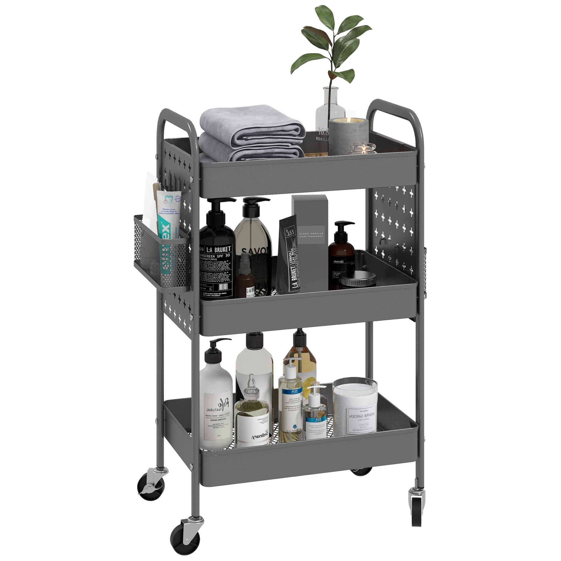Rolling Cart, Serving Cart with 3 Tiers, 2 Hanging Baskets, Storage Cart with Handle, Kitchen Cart, Utility Cart for Kitchen, Living Room, Steel, Dark Grey
