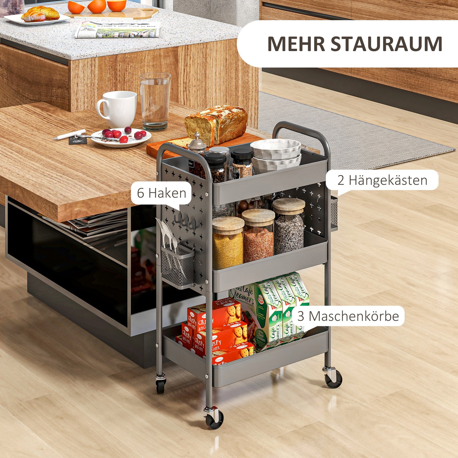 Rolling Cart, Serving Cart with 3 Tiers, 2 Hanging Baskets, Storage Cart with Handle, Kitchen Cart, Utility Cart for Kitchen, Living Room, Steel, Dark Grey