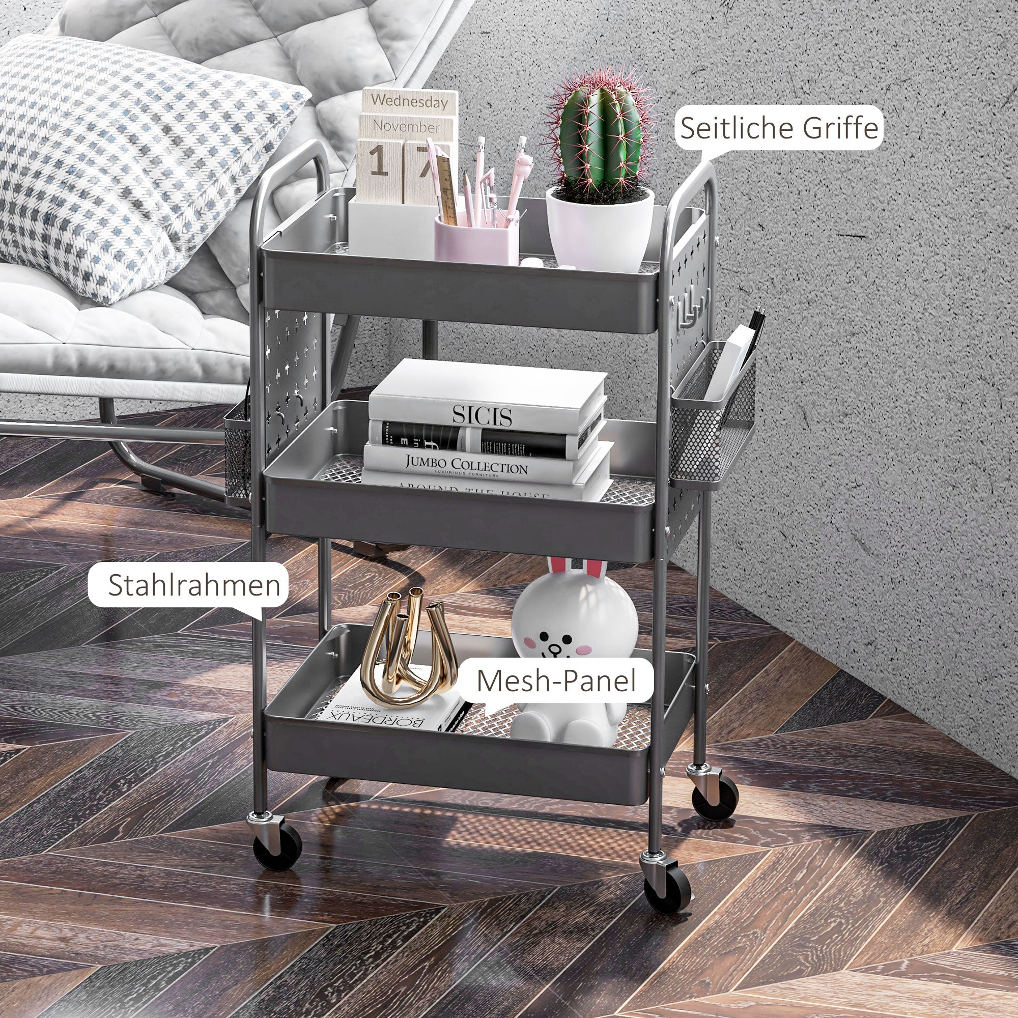 Rolling Cart, Serving Cart with 3 Tiers, 2 Hanging Baskets, Storage Cart with Handle, Kitchen Cart, Utility Cart for Kitchen, Living Room, Steel, Dark Grey