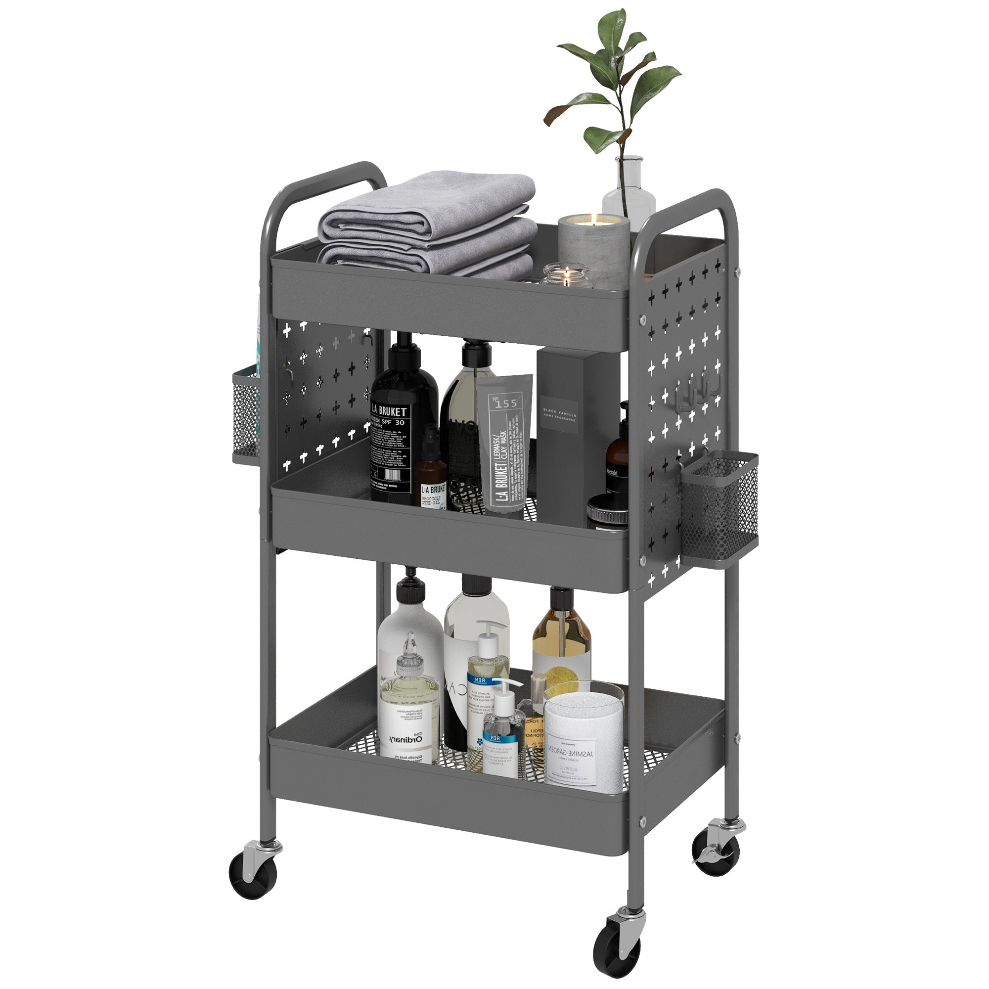 Rolling Cart, Serving Cart with 3 Tiers, 2 Hanging Baskets, Storage Cart with Handle, Kitchen Cart, Utility Cart for Kitchen, Living Room, Steel, Dark Grey