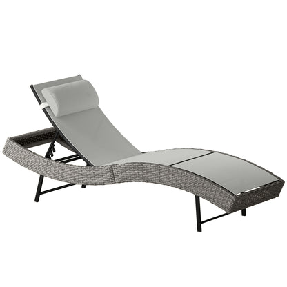 S-Shape Poly Rattan Sun Lounger — 5-Position Adjustable Recliner with Headrest, Breathable UV-Resistant Mesh, Weatherproof Outdoor Rattan Chaise — Light Gray