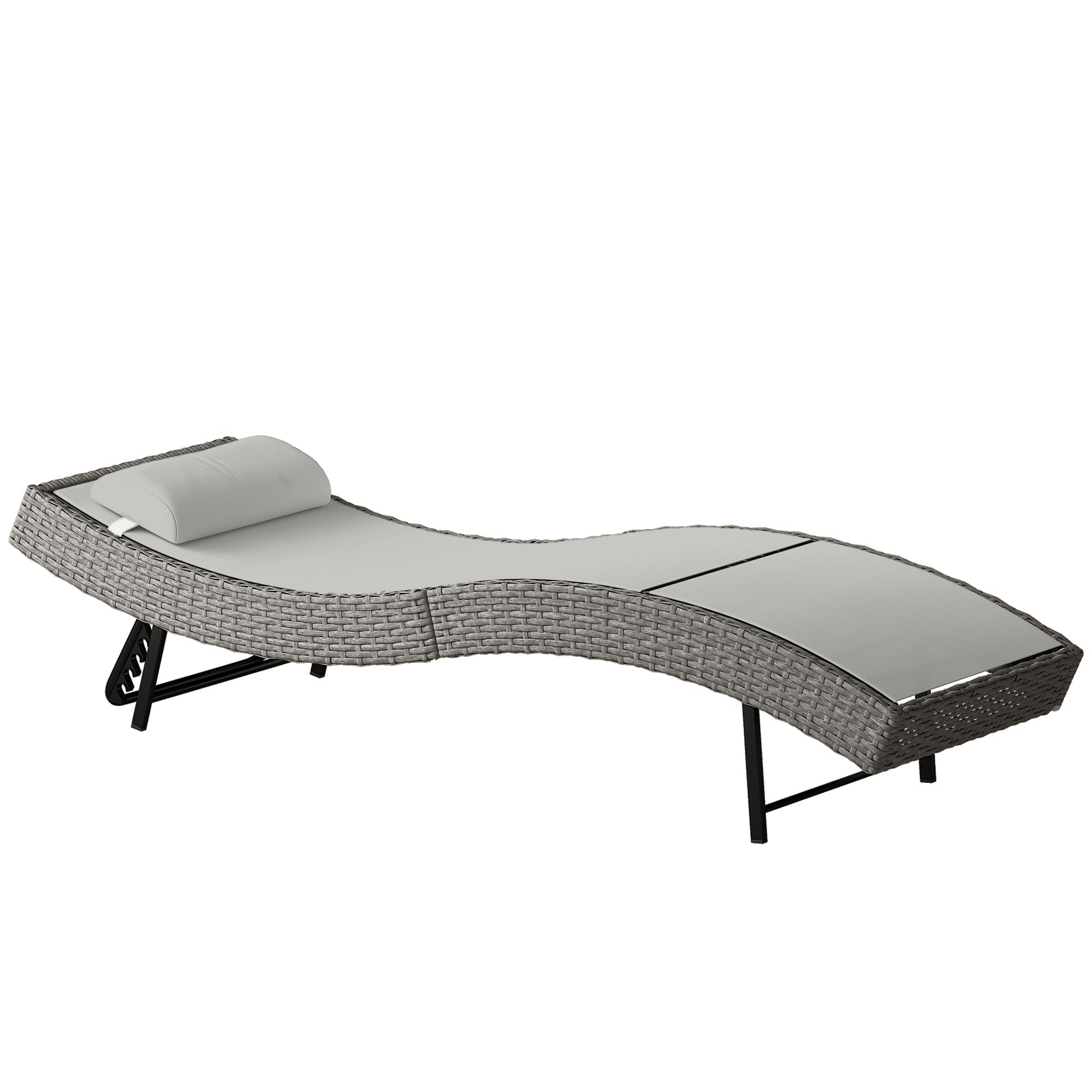 S-Shape Poly Rattan Sun Lounger — 5-Position Adjustable Recliner with Headrest, Breathable UV-Resistant Mesh, Weatherproof Outdoor Rattan Chaise — Light Gray