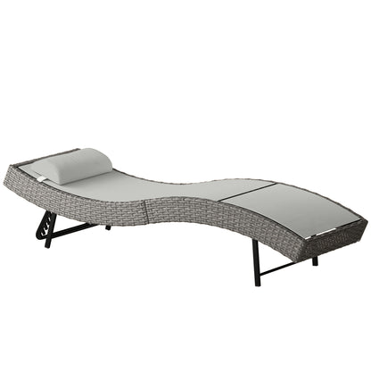 S-Shape Poly Rattan Sun Lounger — 5-Position Adjustable Recliner with Headrest, Breathable UV-Resistant Mesh, Weatherproof Outdoor Rattan Chaise — Light Gray