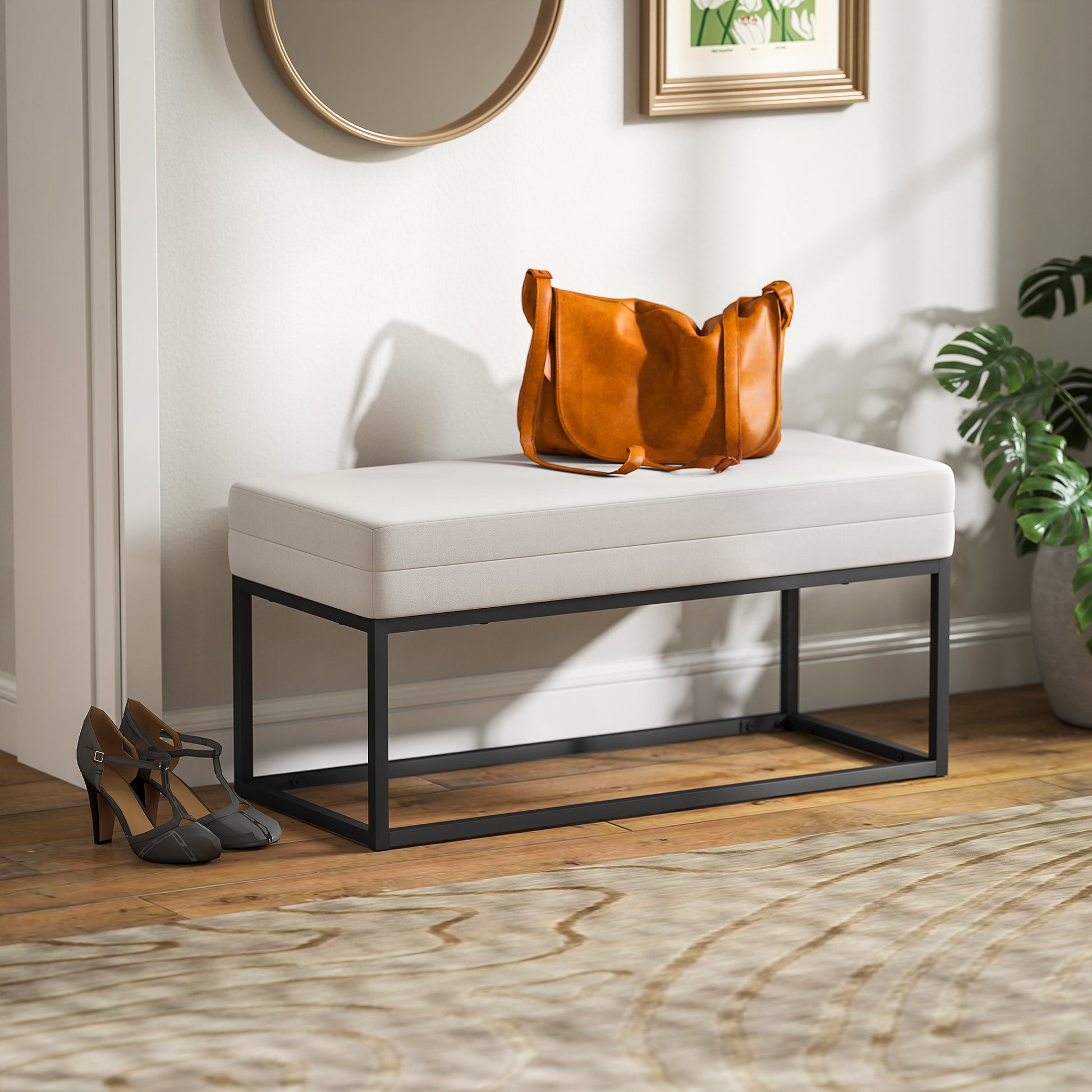 Modern and Minimalist Entryway Bench with Adjustable Legs, Upholstered Bedroom Bench in Velvet Fabric and Steel, 94x42x44 cm, Cream