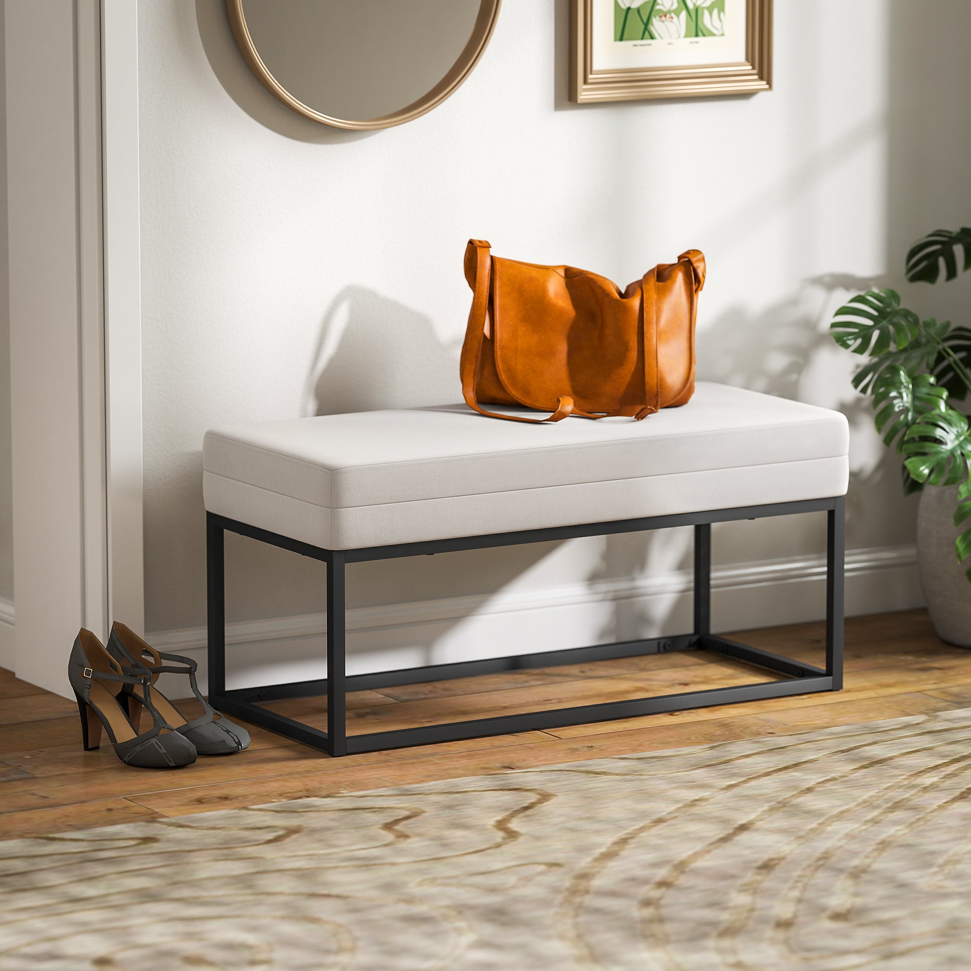 Modern and Minimalist Entryway Bench with Adjustable Legs, Upholstered Bedroom Bench in Velvet Fabric and Steel, 94x42x44 cm, Cream