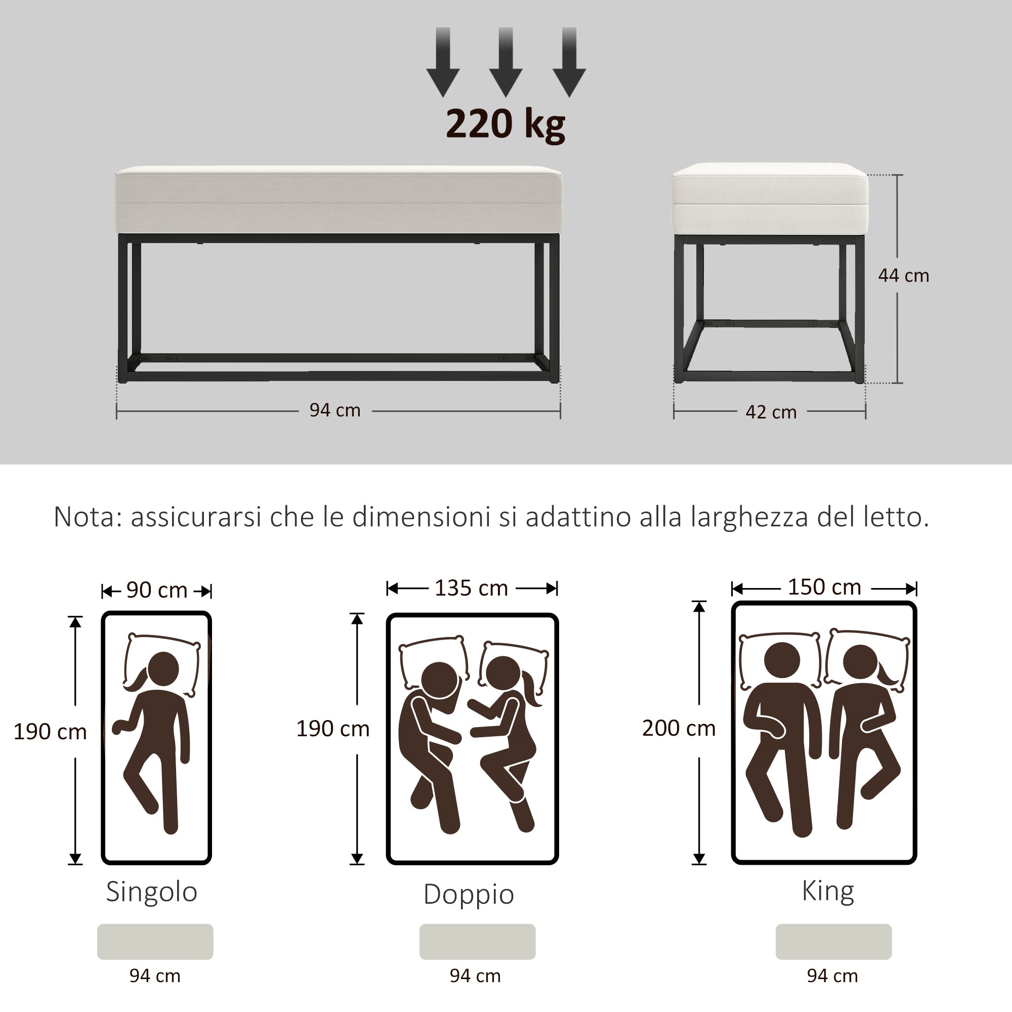 Modern and Minimalist Entryway Bench with Adjustable Legs, Upholstered Bedroom Bench in Velvet Fabric and Steel, 94x42x44 cm, Cream