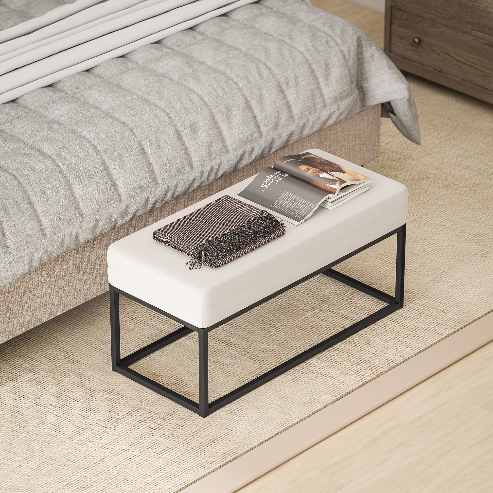 Modern and Minimalist Entryway Bench with Adjustable Legs, Upholstered Bedroom Bench in Velvet Fabric and Steel, 94x42x44 cm, Cream