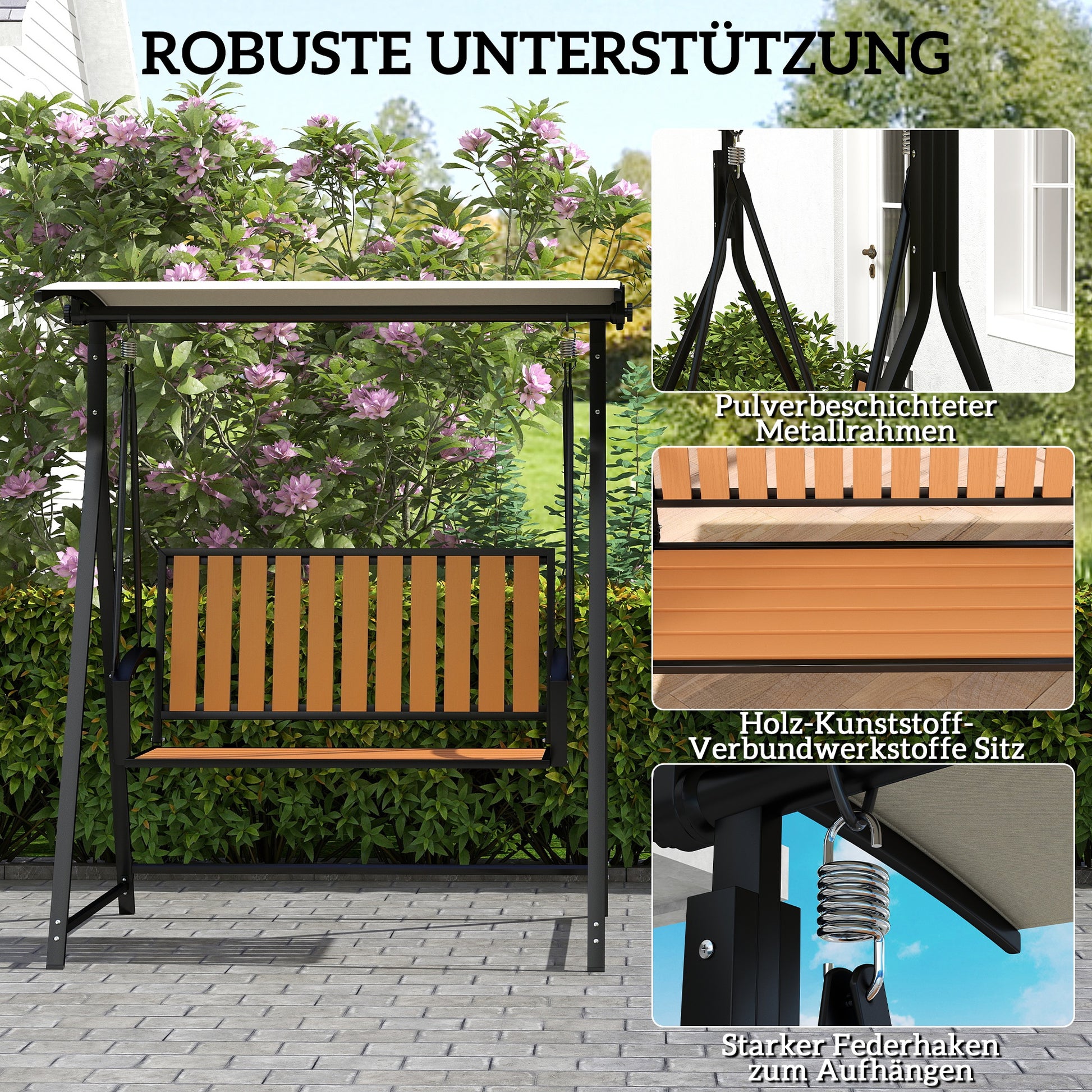 Hollywood Swing with Adjustable Sunshade, 2-Seater Garden Swing, Weatherproof Swing Bench up to 240kg, Garden Lounger for Garden, Patio, 142 x 112 x 162cm, Black