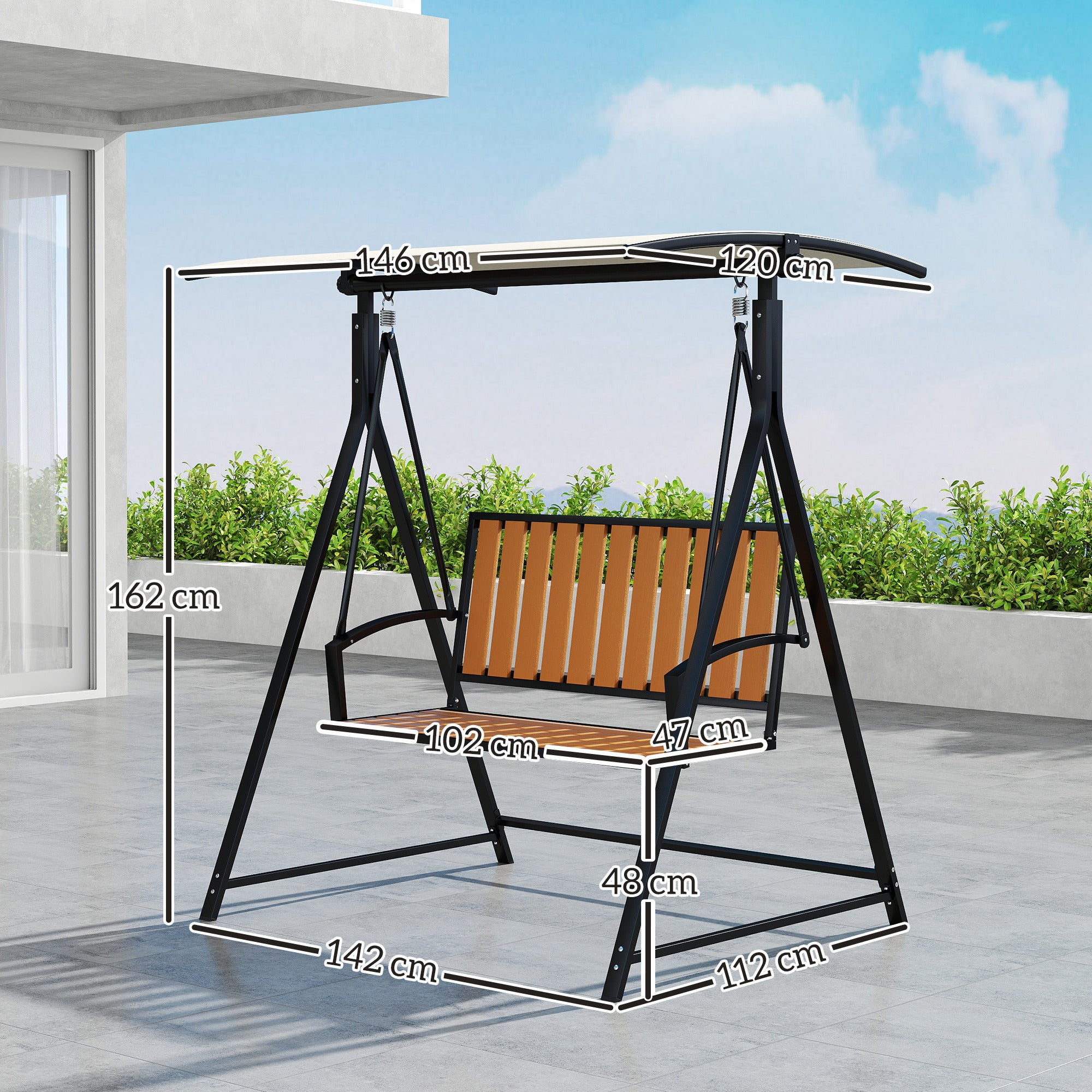 Hollywood Swing with Adjustable Sunshade, 2-Seater Garden Swing, Weatherproof Swing Bench up to 240kg, Garden Lounger for Garden, Patio, 142 x 112 x 162cm, Black