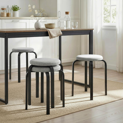 4-Pack Round Dining Stools, Gray Linen-Look Upholstery with Steel Legs – Stackable Kitchen & Living Room Stools