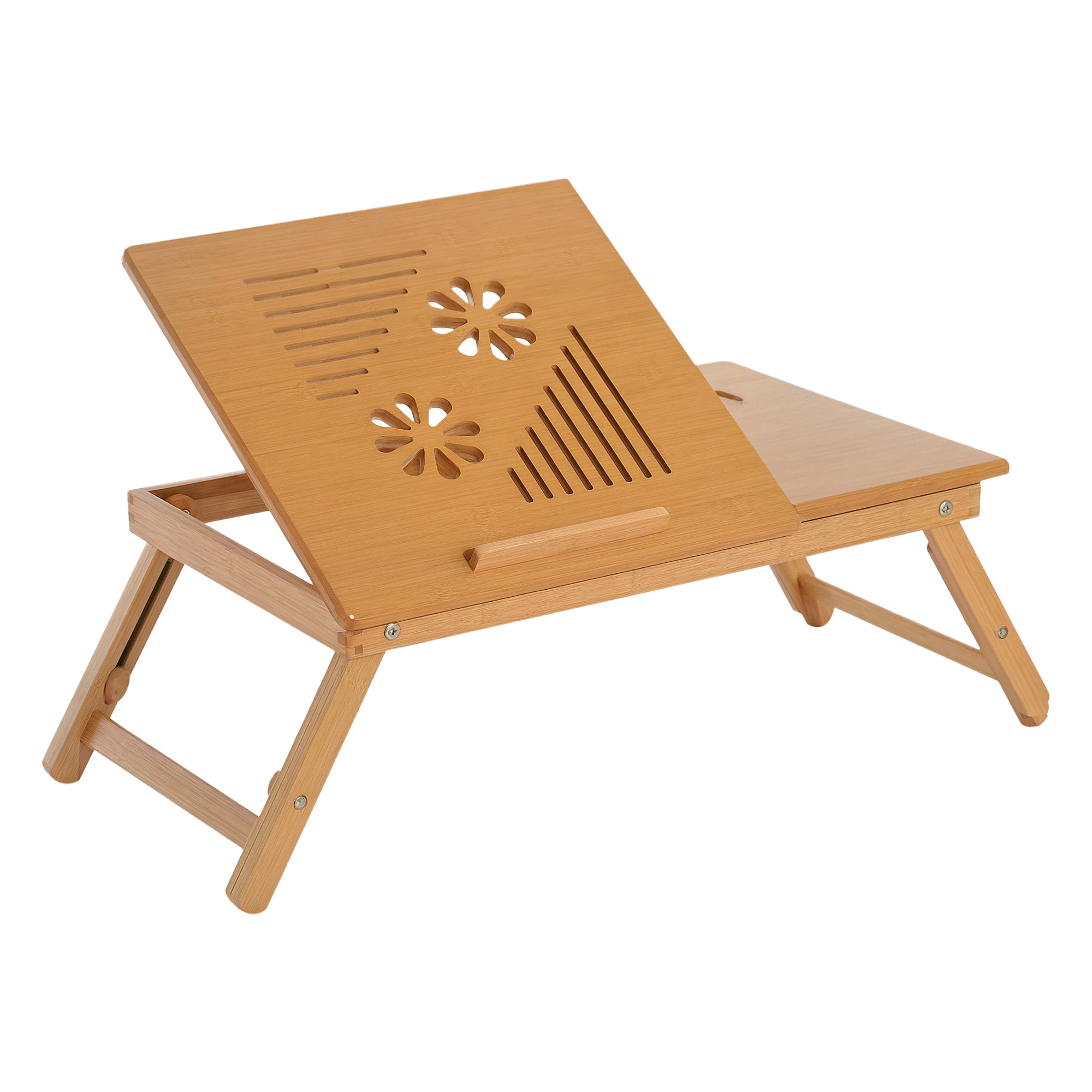 Bamboo Laptop Computer Desk Breakfast Tray Folding Reclining Adjustable Height Lap Desk 1 Drawer 55x35x22-32.5cm