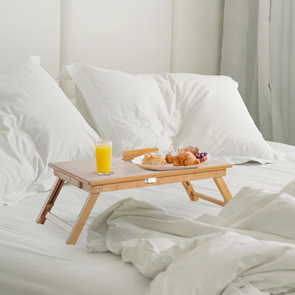 Bamboo Laptop Computer Desk Breakfast Tray Folding Reclining Adjustable Height Lap Desk 1 Drawer 55x35x22-32.5cm