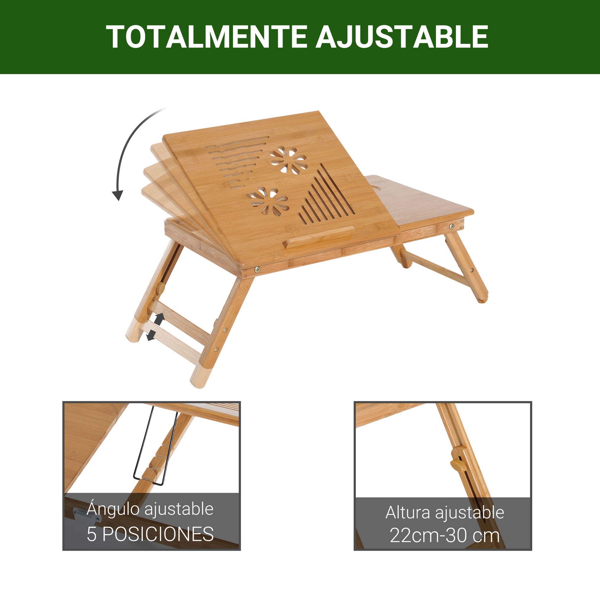 Bamboo Laptop Computer Desk Breakfast Tray Folding Reclining Adjustable Height Lap Desk 1 Drawer 55x35x22-32.5cm