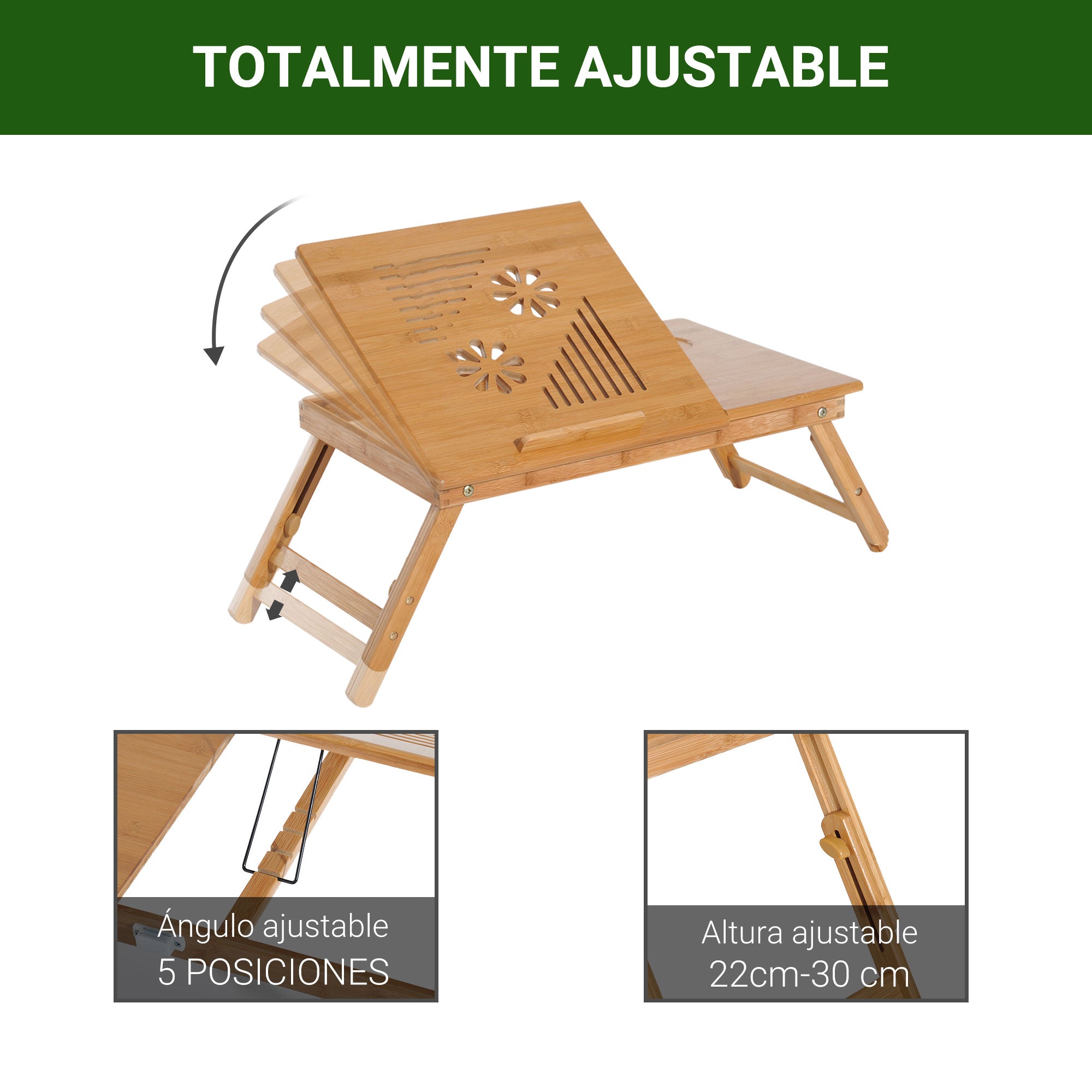 Bamboo Laptop Computer Desk Breakfast Tray Folding Reclining Adjustable Height Lap Desk 1 Drawer 55x35x22-32.5cm