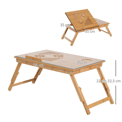 Bamboo Laptop Computer Desk Breakfast Tray Folding Reclining Adjustable Height Lap Desk 1 Drawer 55x35x22-32.5cm