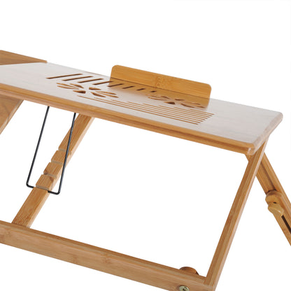 Bamboo Laptop Computer Desk Breakfast Tray Folding Reclining Adjustable Height Lap Desk 1 Drawer 55x35x22-32.5cm