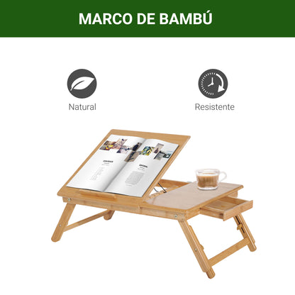 Bamboo Laptop Computer Desk Breakfast Tray Folding Reclining Adjustable Height Lap Desk 1 Drawer 55x35x22-32.5cm