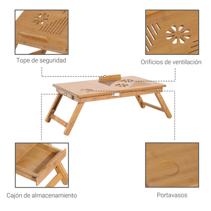 Bamboo Laptop Computer Desk Breakfast Tray Folding Reclining Adjustable Height Lap Desk 1 Drawer 55x35x22-32.5cm