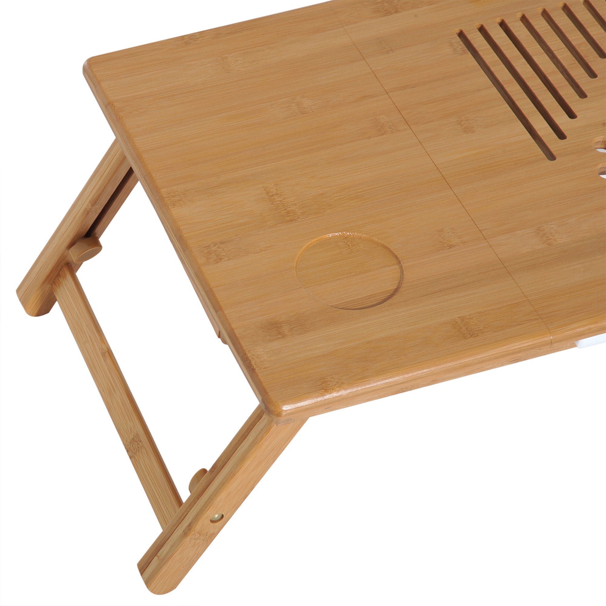Bamboo Laptop Computer Desk Breakfast Tray Folding Reclining Adjustable Height Lap Desk 1 Drawer 55x35x22-32.5cm