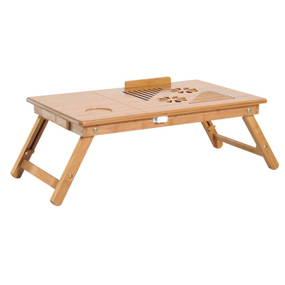 Bamboo Laptop Computer Desk Breakfast Tray Folding Reclining Adjustable Height Lap Desk 1 Drawer 55x35x22-32.5cm