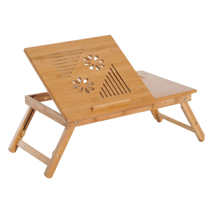 Bamboo Laptop Computer Desk Breakfast Tray Folding Reclining Adjustable Height Lap Desk 1 Drawer 55x35x22-32.5cm