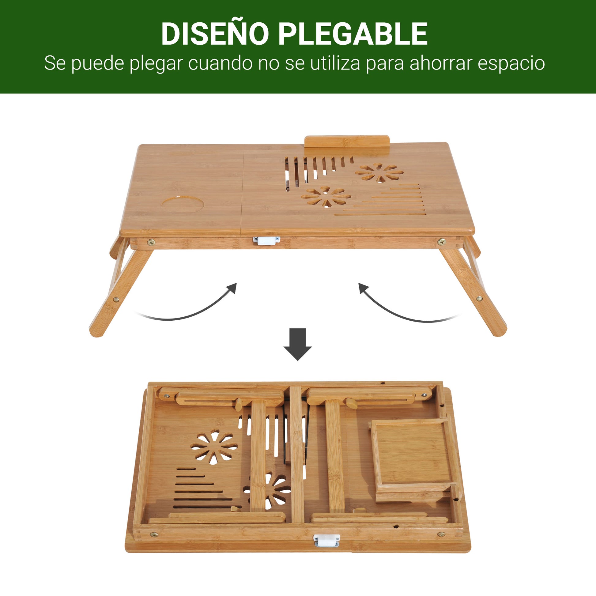 Bamboo Laptop Computer Desk Breakfast Tray Folding Reclining Adjustable Height Lap Desk 1 Drawer 55x35x22-32.5cm