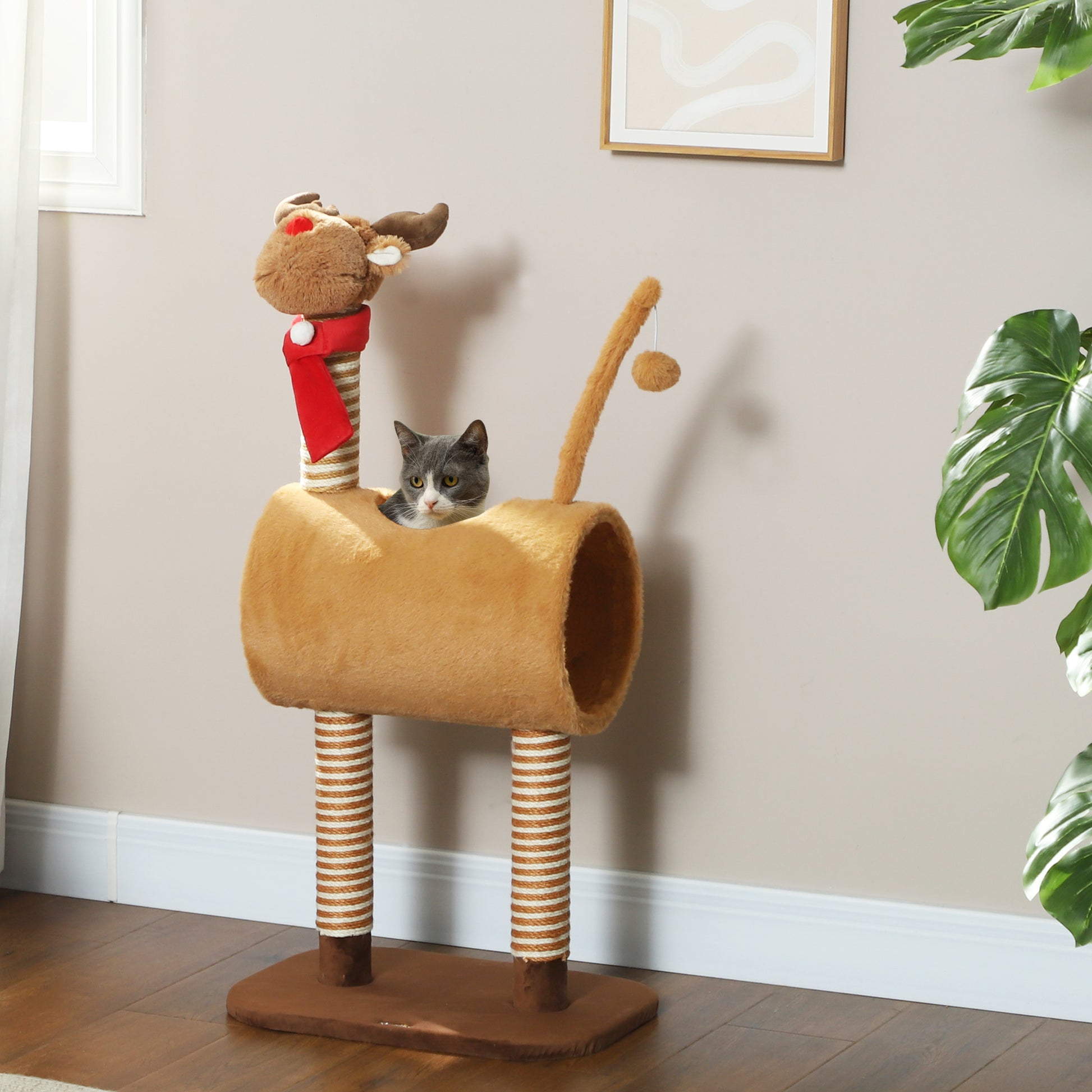 98cm Cat Tree Cat Tower in Deer Design, with Cave, Play Ball, Jute Stems, Cat Scratching Post, Climbing Tree, for Medium-sized Cats, Brown
