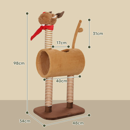 98cm Cat Tree Cat Tower in Deer Design, with Cave, Play Ball, Jute Stems, Cat Scratching Post, Climbing Tree, for Medium-sized Cats, Brown