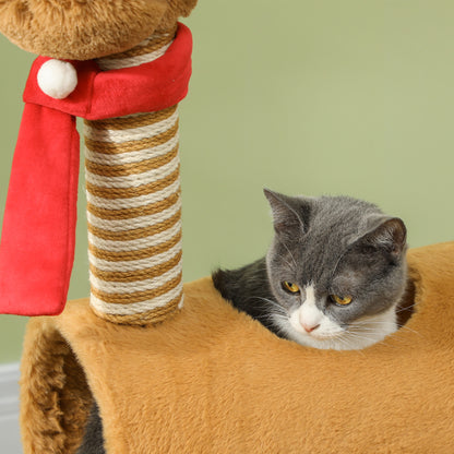 98cm Cat Tree Cat Tower in Deer Design, with Cave, Play Ball, Jute Stems, Cat Scratching Post, Climbing Tree, for Medium-sized Cats, Brown