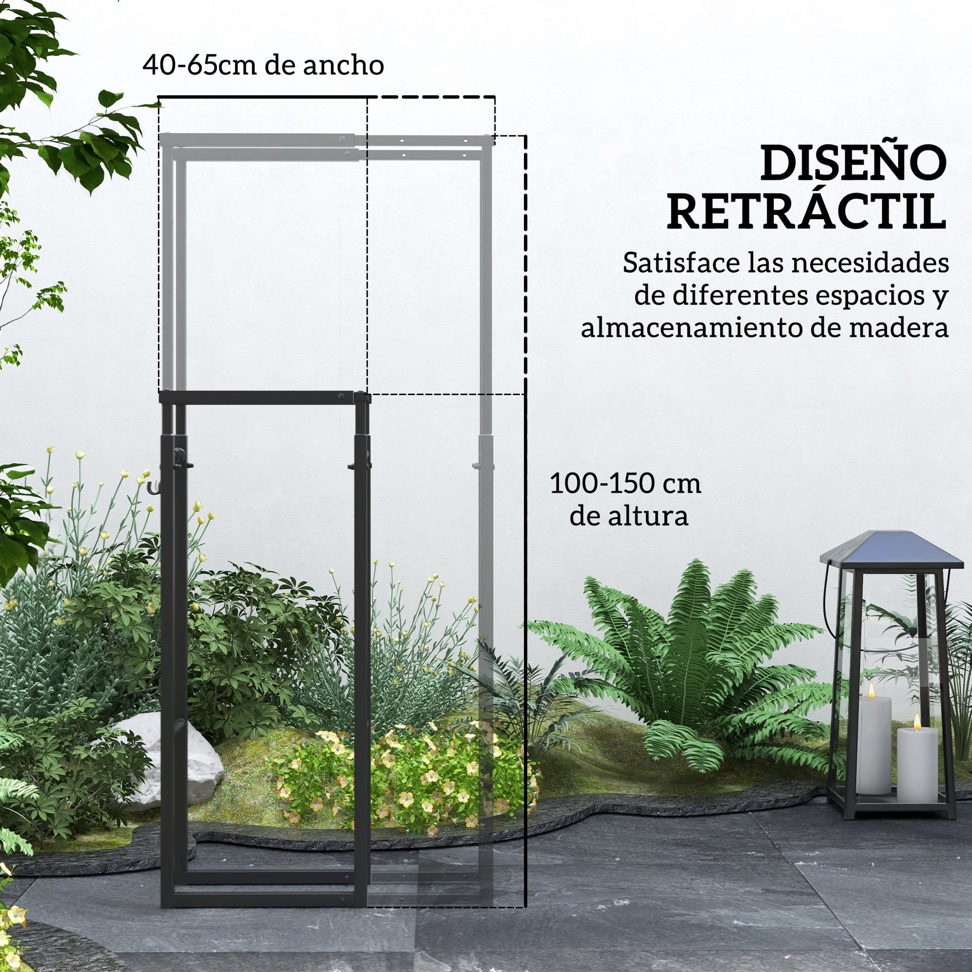 Adjustable Log Holder Metal Log Rack with 4 Hooks 100 kg Capacity for Indoor and Outdoor Use 40-65x25x100-150 cm Black