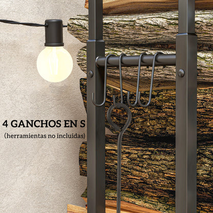 Adjustable Log Holder Metal Log Rack with 4 Hooks 100 kg Capacity for Indoor and Outdoor Use 40-65x25x100-150 cm Black