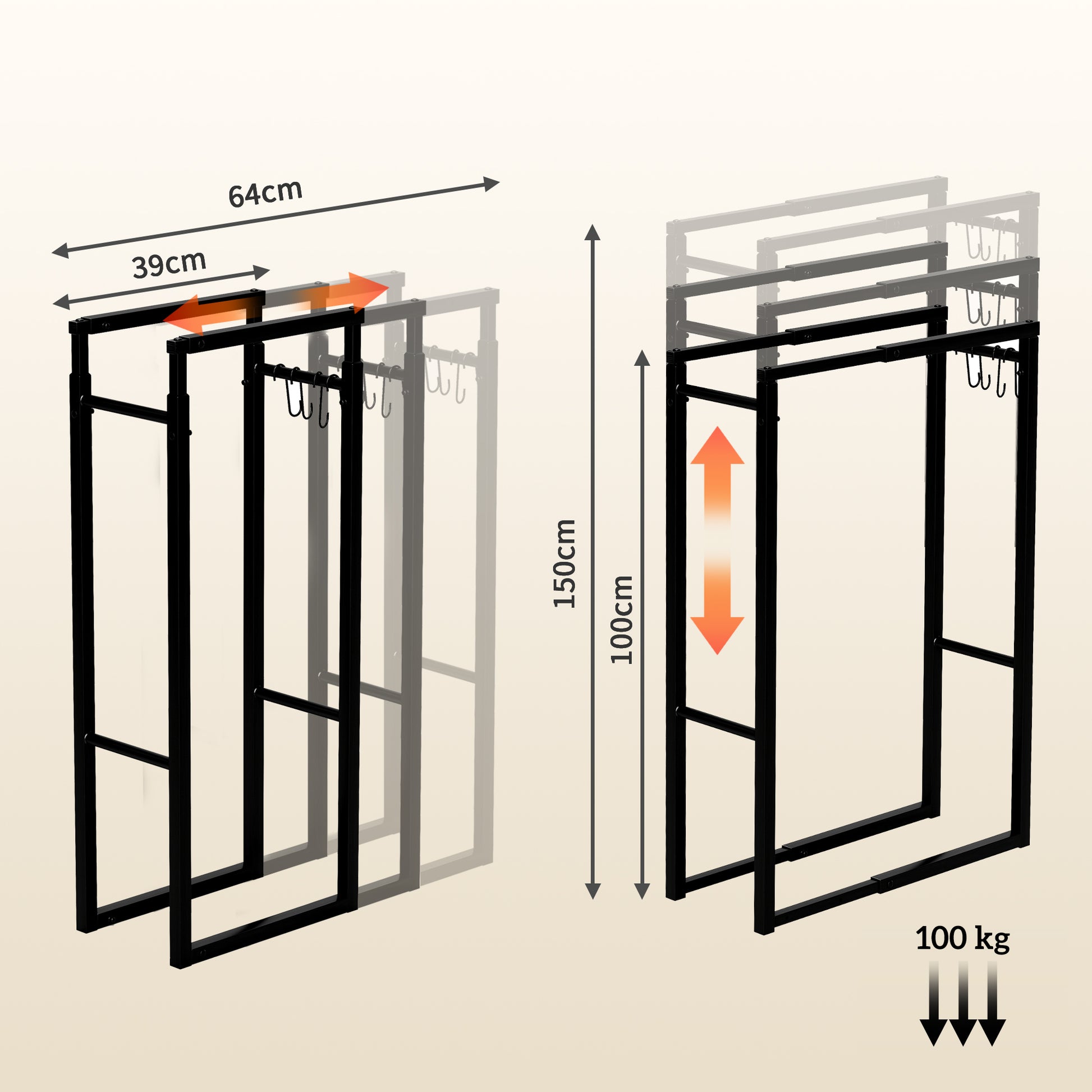 Adjustable Log Holder Metal Log Rack with 4 Hooks 100 kg Capacity for Indoor and Outdoor Use 40-65x25x100-150 cm Black