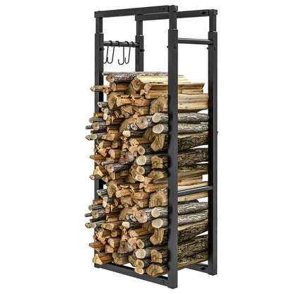 Adjustable Log Holder Metal Log Rack with 4 Hooks 100 kg Capacity for Indoor and Outdoor Use 40-65x25x100-150 cm Black