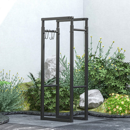 Adjustable Log Holder Metal Log Rack with 4 Hooks 100 kg Capacity for Indoor and Outdoor Use 40-65x25x100-150 cm Black