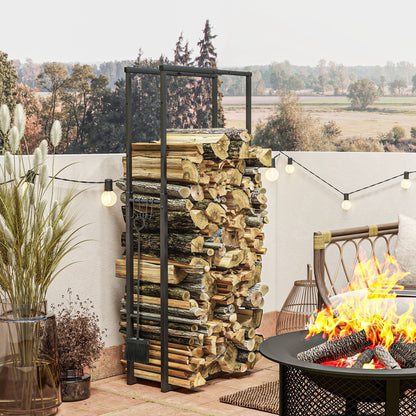 Adjustable Log Holder Metal Log Rack with 4 Hooks 100 kg Capacity for Indoor and Outdoor Use 40-65x25x100-150 cm Black