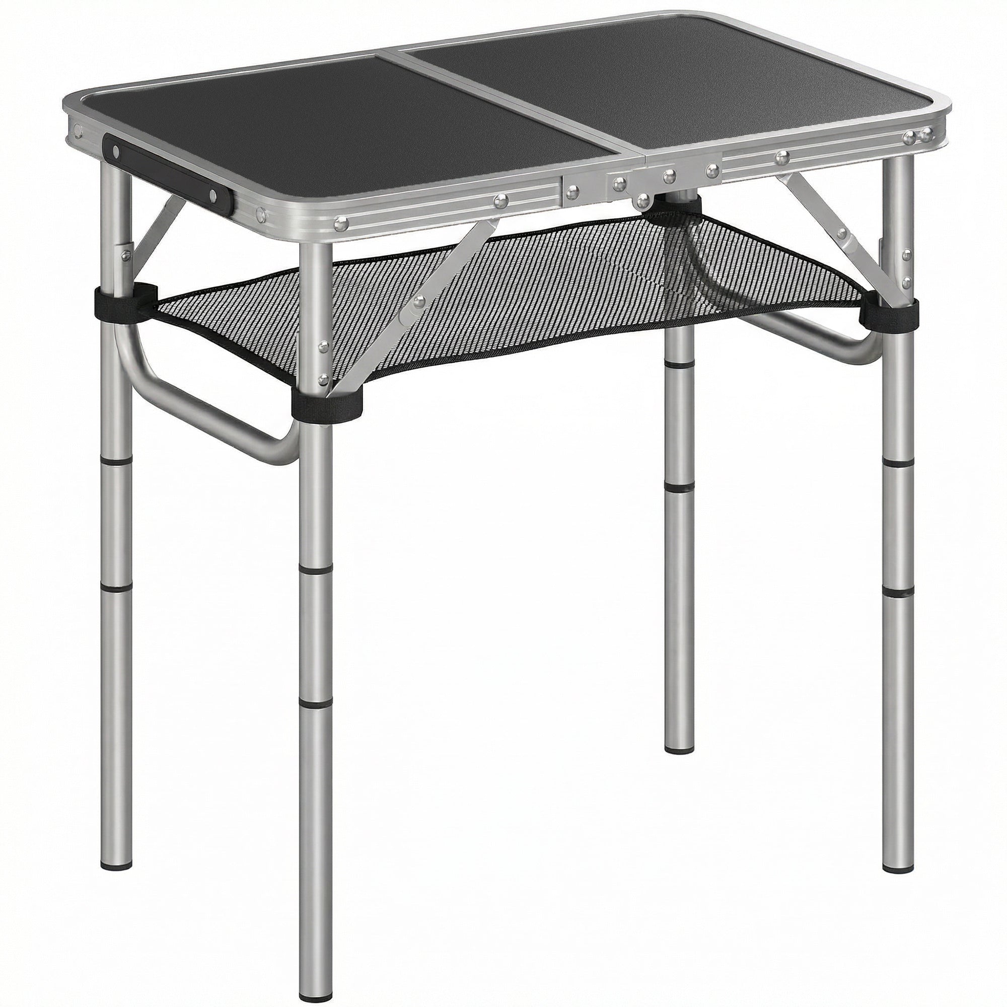 Folding Aluminum Camping Table, Rectangular 23.6 x 15.7 x 23.6 in, Carry Handle, 4 Adjustable Heights, Mesh Storage — Black