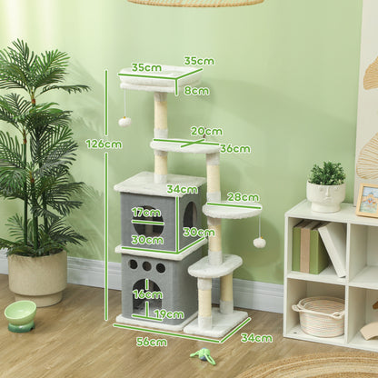 126 cm Cat Scratching Tree Tower for Cats with Nests Platforms Hanging Balls and Sisal Posts Cream