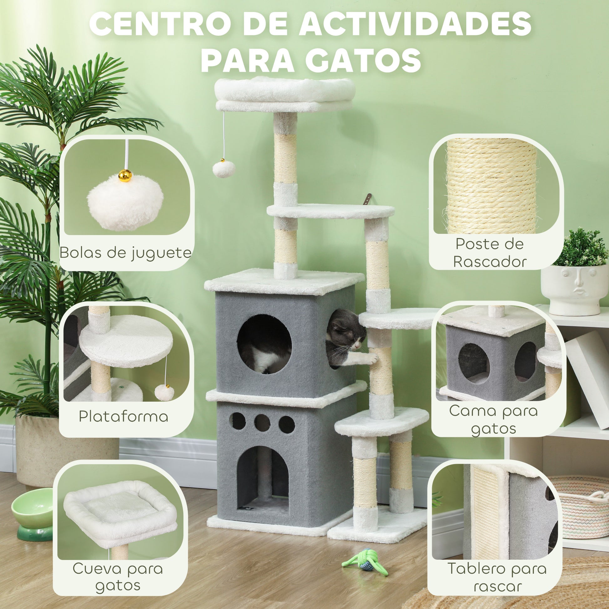 126 cm Cat Scratching Tree Tower for Cats with Nests Platforms Hanging Balls and Sisal Posts Cream